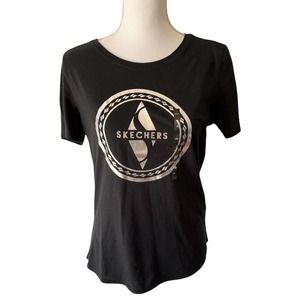 NWT Skechers Black Foil Circle Diamond Graphic Short Sleeve T-Shirt Sz Small